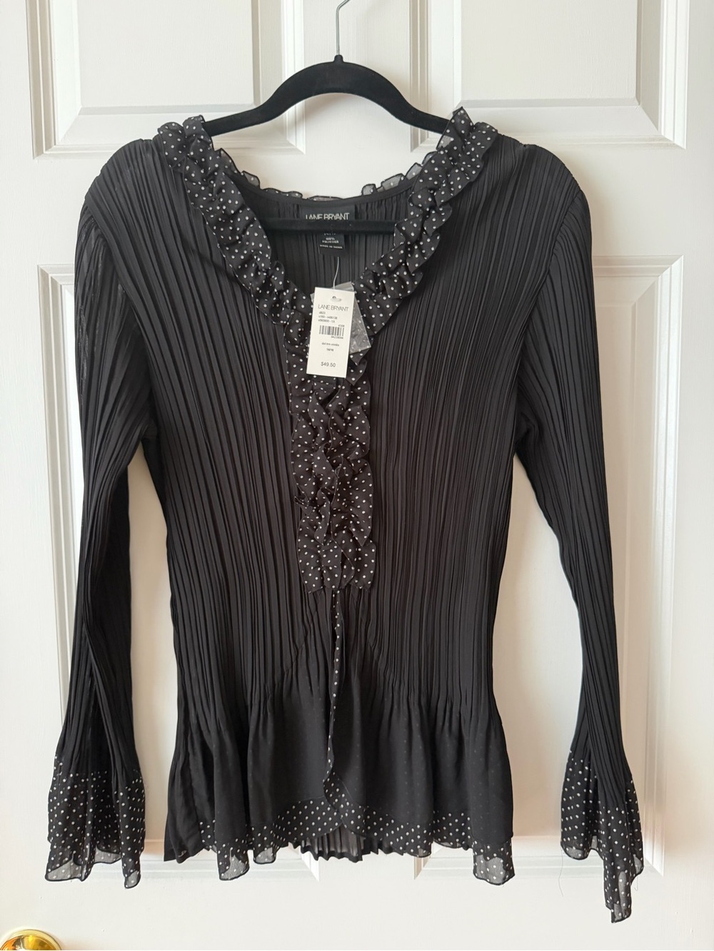 Lane Bryant Black Pleated Button Down Blouse with Polka Dot Ruffle Trim